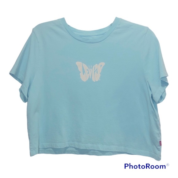 Levi's Jordie Cropped T Shirt Top Size Large Women's Graphic Butterfly Blue - Picture 2 of 7